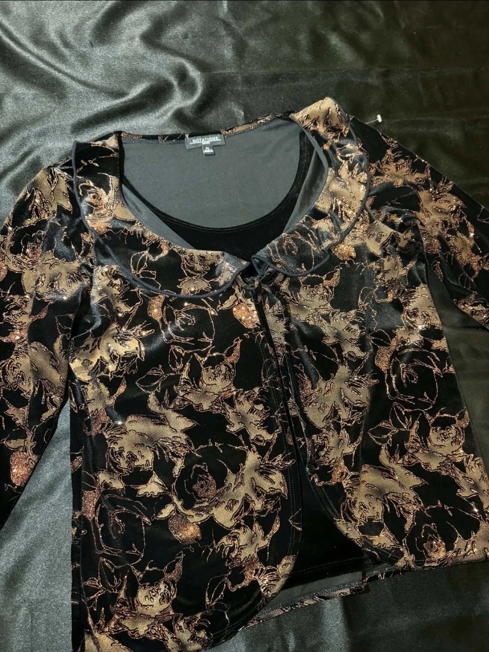Vintage 90s Y2K Notations Velvet Gold Rose Cardigan Set Top Whimsigoth Size PL